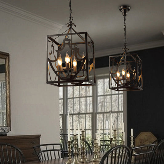 Black 4 Bulbs Ceiling Light Fixture Farmhouse Style Metal Rectangle Cage Chandelier Lighting over Table Clearhalo 'Ceiling Lights' 'Chandeliers' Lighting' options 104867