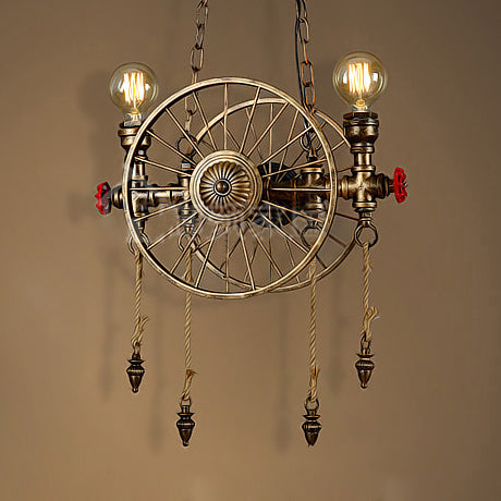 Wheel Design Metal Island Lamp Vintage Stylish 2 Heads Restaurant Island Pendant Lighting in Brass Brass Clearhalo 'Ceiling Lights' 'Island Lights' Lighting' 104884