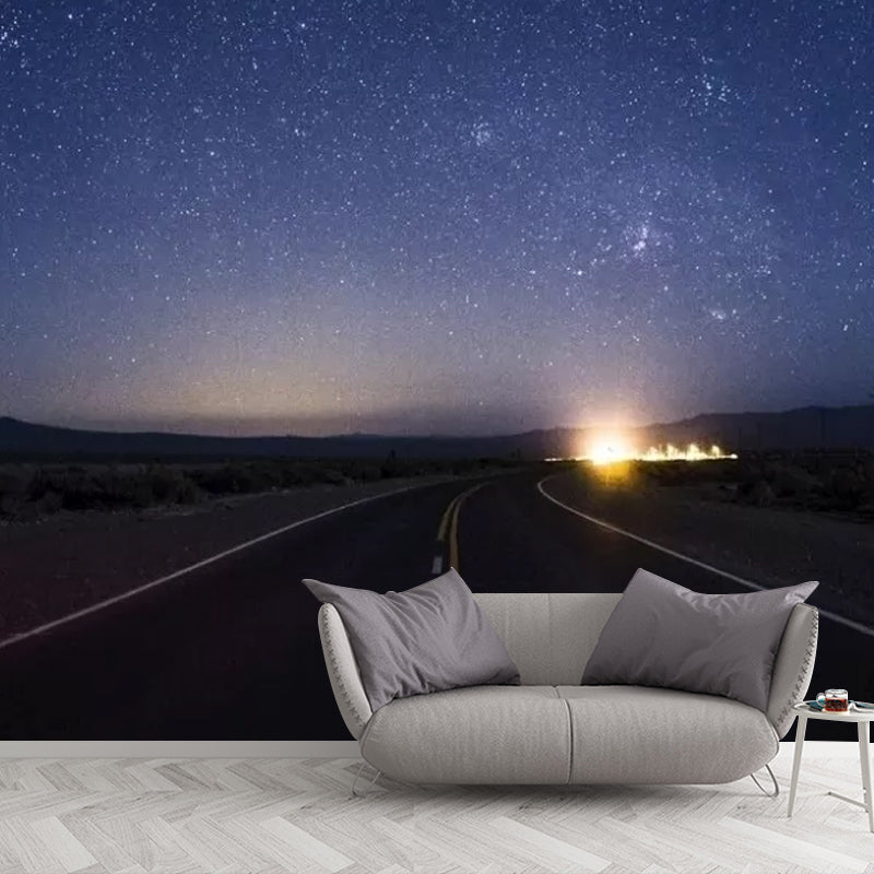 Starry Sky and Road Mural Wallpaper for Living Room Decor, Dark Blue, Made to Measure Clearhalo 'Wall Decor' 'Wall Mural' 1048896