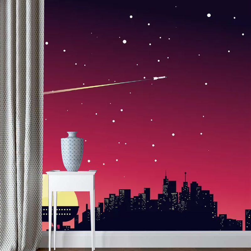 Big Galaxy and Building Mural in Red Non-Woven Fabric Wall Covering for Kids, Personalized Size Available Clearhalo 'Wall Decor' 'Wall Mural' 1048948