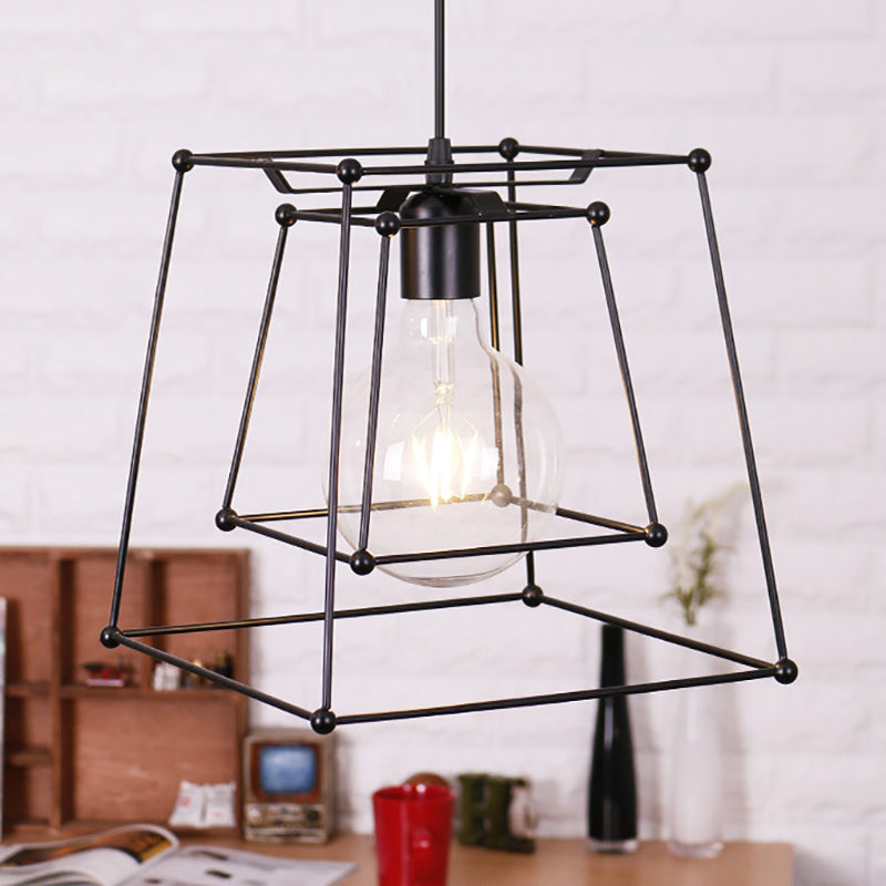 1 Head Metal Pendant Light Industrial Black Trapezoid Cage Shade Living Room Hanging Lamp Black Clearhalo 'Ceiling Lights' 'Modern Pendants' 'Modern' 'Pendant Lights' 'Pendants' Lighting' 105178