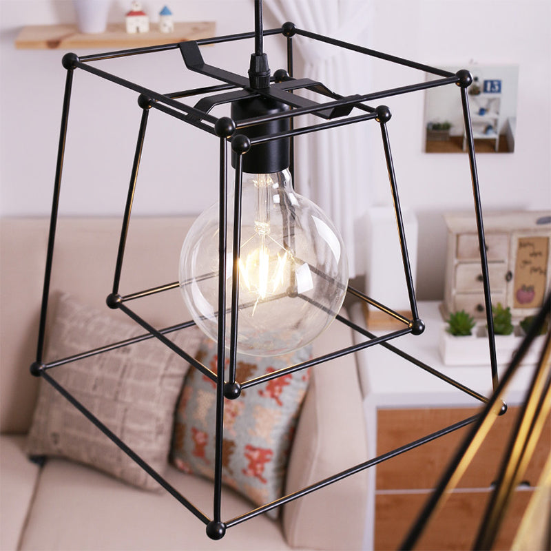 1 Head Metal Pendant Light Industrial Black Trapezoid Cage Shade Living Room Hanging Lamp Clearhalo 'Ceiling Lights' 'Modern Pendants' 'Modern' 'Pendant Lights' 'Pendants' Lighting' 105179