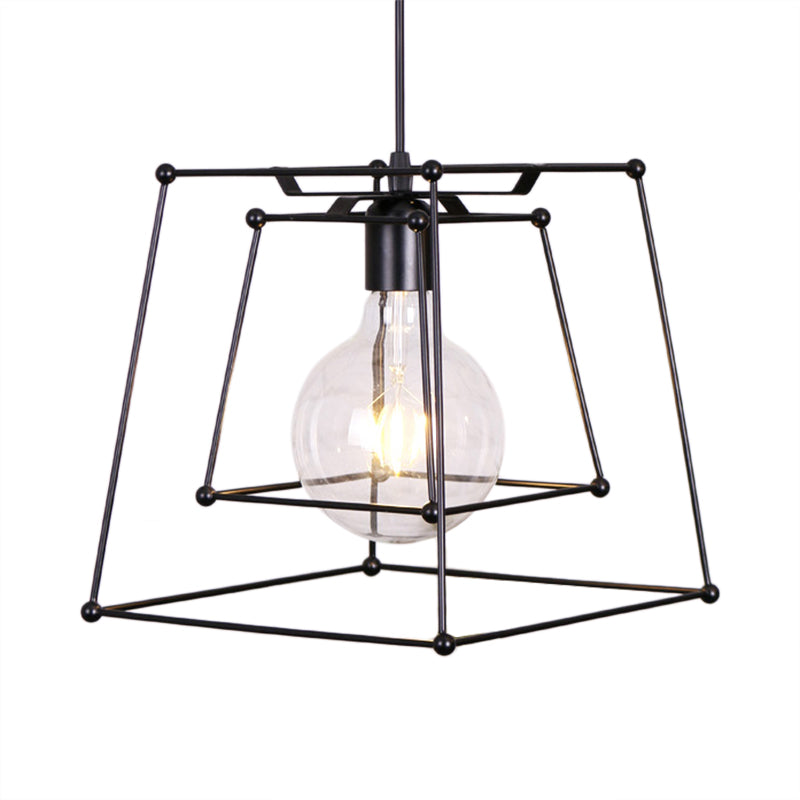 1 Head Metal Pendant Light Industrial Black Trapezoid Cage Shade Living Room Hanging Lamp Clearhalo 'Ceiling Lights' 'Modern Pendants' 'Modern' 'Pendant Lights' 'Pendants' Lighting' 105180