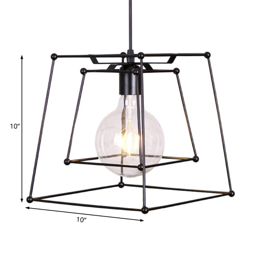 1 Head Metal Pendant Light Industrial Black Trapezoid Cage Shade Living Room Hanging Lamp Clearhalo 'Ceiling Lights' 'Modern Pendants' 'Modern' 'Pendant Lights' 'Pendants' Lighting' 105181