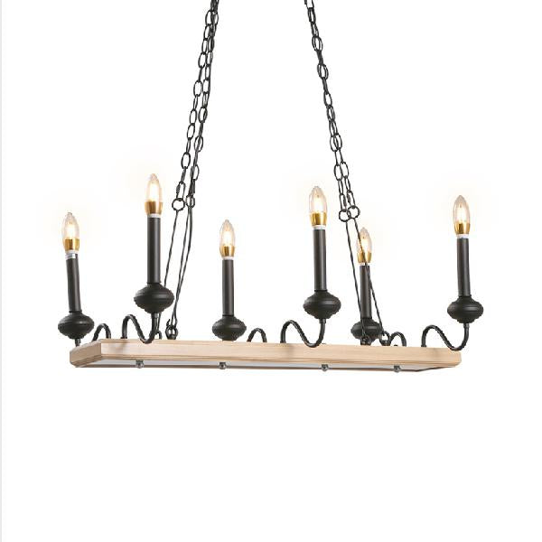 Black Finish Candle Hanging Light Industrial Metal 6 Bulbs Indoor Island Pendant Lighting with Wooden Canopy Clearhalo 'Ceiling Lights' 'Island Lights' Lighting' 105490