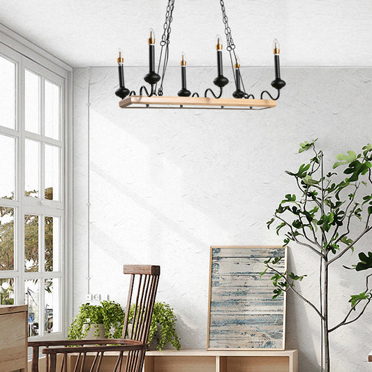 Black Finish Candle Hanging Light Industrial Metal 6 Bulbs Indoor Island Pendant Lighting with Wooden Canopy Black Clearhalo 'Ceiling Lights' 'Island Lights' Lighting' 105492