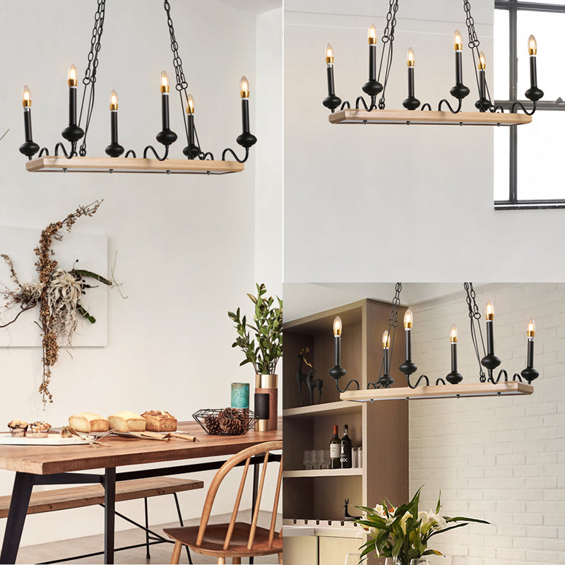 Black Finish Candle Hanging Light Industrial Metal 6 Bulbs Indoor Island Pendant Lighting with Wooden Canopy Clearhalo 'Ceiling Lights' 'Island Lights' Lighting' 105493