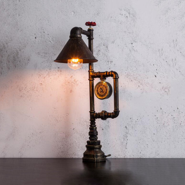 Conic Metal Shade Table Lamp Industrial Style 1 Light Bedroom Table Light with Red Valve and Clock Deco in Bronze Clearhalo 'Lamps' 'Table Lamps' Lighting' 105526