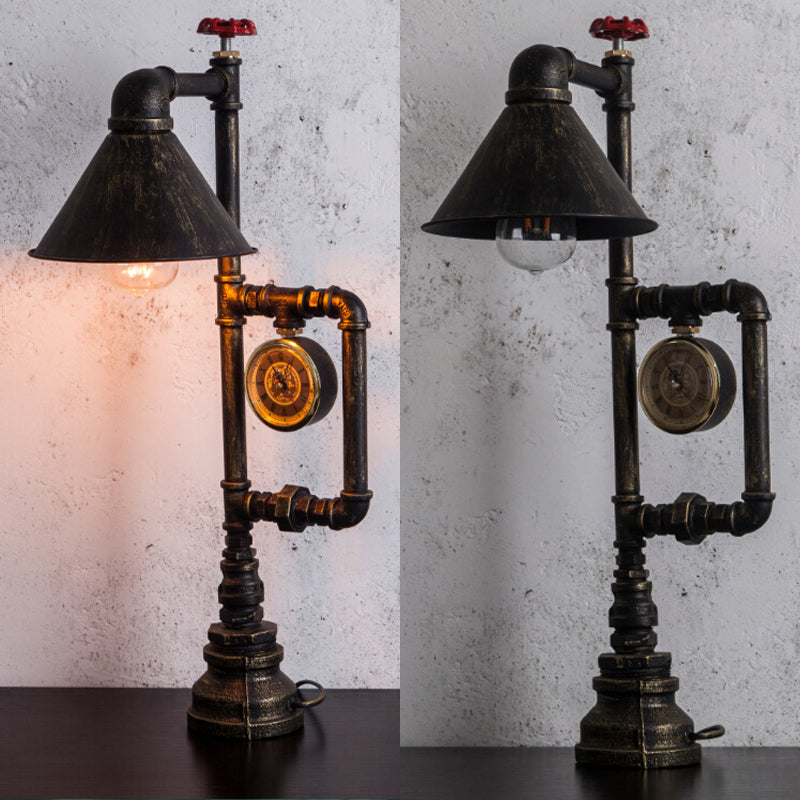 Conic Metal Shade Table Lamp Industrial Style 1 Light Bedroom Table Light with Red Valve and Clock Deco in Bronze Clearhalo 'Lamps' 'Table Lamps' Lighting' 105527