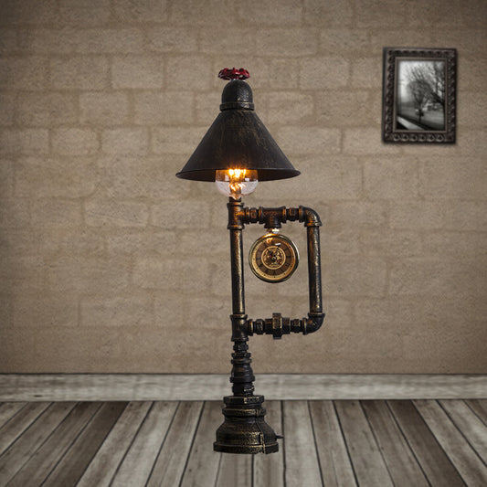 Conic Metal Shade Table Lamp Industrial Style 1 Light Bedroom Table Light with Red Valve and Clock Deco in Bronze Bronze Clearhalo 'Lamps' 'Table Lamps' Lighting' 105528