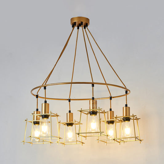 Retro Stylish Ring Chandelier Lighting with Squared Cage Shade 6 Bulbs Iron Hanging Light in Gold Gold Clearhalo 'Cast Iron' 'Ceiling Lights' 'Chandeliers' 'Industrial Chandeliers' 'Industrial' 'Metal' 'Middle Century Chandeliers' 'Rustic Chandeliers' 'Tiffany' Lighting' 105564