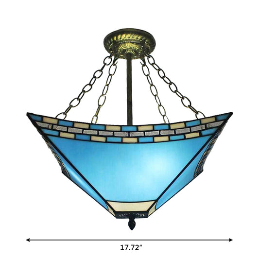 Bedroom Ceiling Lights Tiffany, 3-Lights Pyramid Semi Flush Light with Chain and Stained Glass Shade, 18" High x 18" in Diameter Clearhalo 'Ceiling Lights' 'Close To Ceiling Lights' 'Close to ceiling' 'Glass shade' 'Glass' 'Semi-flushmount' 'Tiffany close to ceiling' 'Tiffany' Lighting' 105730