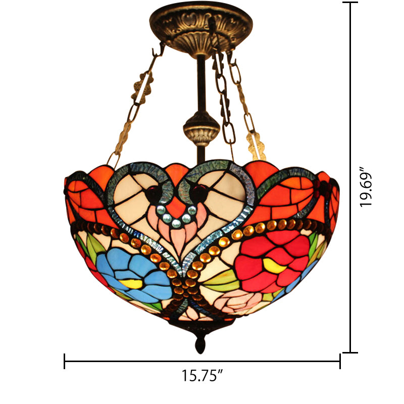 Stained Glass Ceiling Light, Victorian Domed Semi Flush Mount Lighting with Rod and Flower Pattern Clearhalo 'Ceiling Lights' 'Close To Ceiling Lights' 'Close to ceiling' 'Glass shade' 'Glass' 'Semi-flushmount' 'Tiffany close to ceiling' 'Tiffany' Lighting' 105733