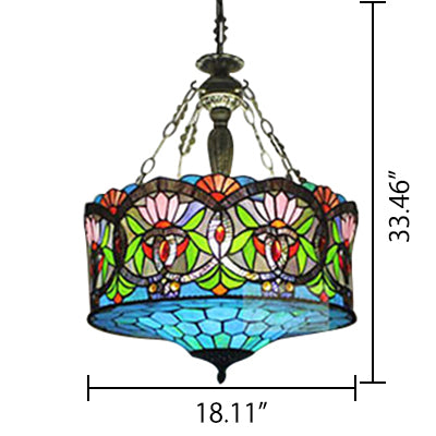 Living Room Ceiling Light LED, Stained Glass Drum Lighting Baroque Style, 18" W Clearhalo 'Ceiling Lights' 'Close To Ceiling Lights' 'Close to ceiling' 'Glass shade' 'Glass' 'Tiffany close to ceiling' 'Tiffany' Lighting' 105741