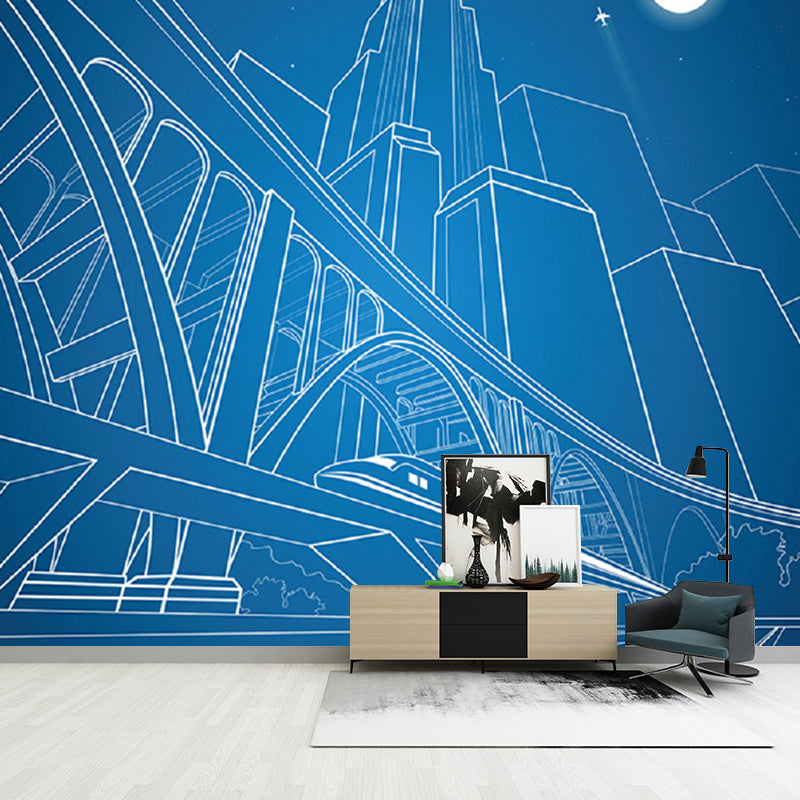 Stain-Resistant Sketch of City Mural Non-Woven Fabric Nordic Wall Covering for Meeting Room Decor Blue Clearhalo 'Wall Decor' 'Wall Mural' 1061206