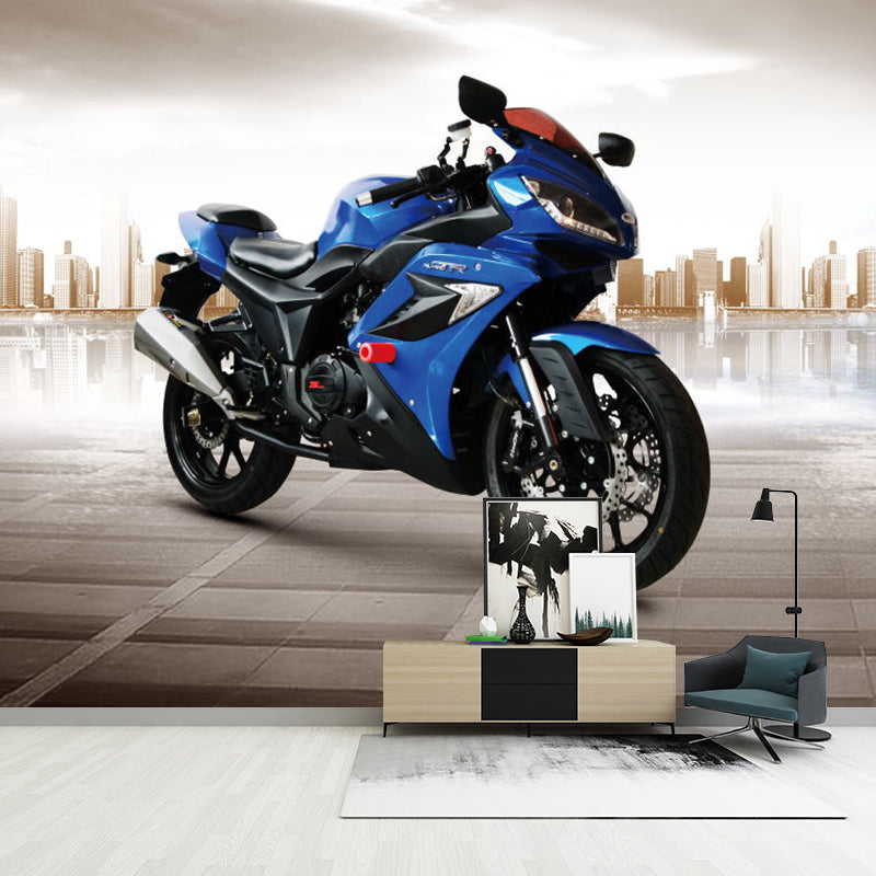 Stain-Resistant Motorcycle Mural Wallpaper Non-Woven Fabric Wall Art for Fitness Club Decoration Blue Clearhalo 'Wall Decor' 'Wall Mural' 1061241