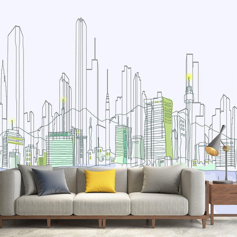 Waterproofing Sketch of City Mural Wallpaper Non-Woven Contemporary Wall Art for Study Room Purple-Green Clearhalo 'Wall Decor' 'Wall Mural' 1061321