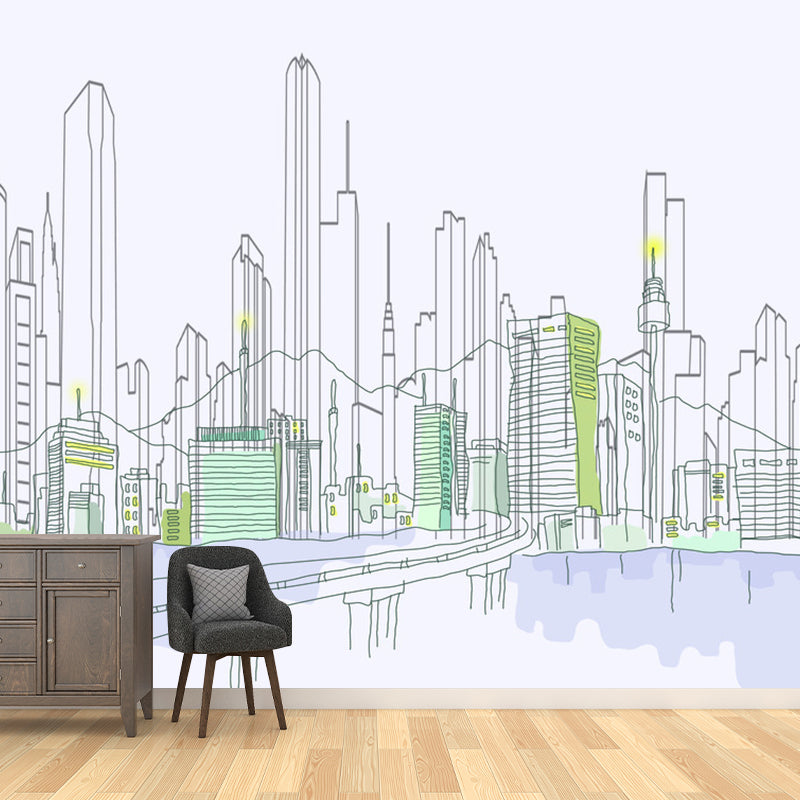 Waterproofing Sketch of City Mural Wallpaper Non-Woven Contemporary Wall Art for Study Room Clearhalo 'Wall Decor' 'Wall Mural' 1061323