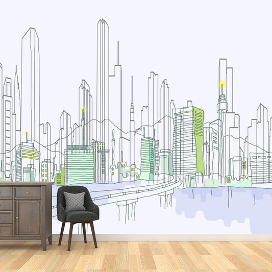 Waterproofing Sketch of City Mural Wallpaper Non-Woven Contemporary Wall Art for Study Room Clearhalo 'Wall Decor' 'Wall Mural' 1061323