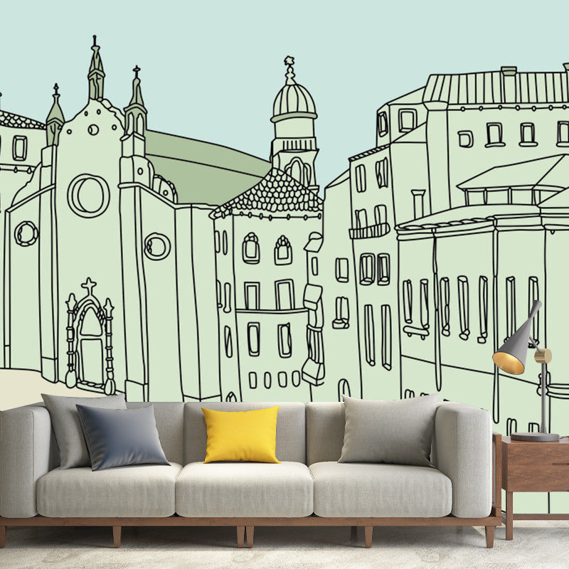 Big Minimalist Wall Mural Decal in Green and Grey European Buildings Wall Decor, Made to Measure Gray-Green Clearhalo 'Wall Decor' 'Wall Mural' 1061326