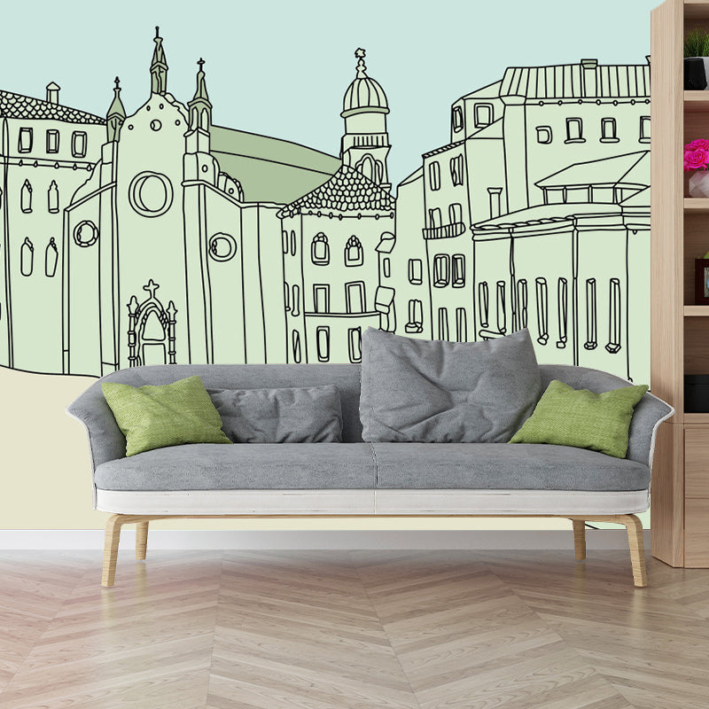 Big Minimalist Wall Mural Decal in Green and Grey European Buildings Wall Decor, Made to Measure Clearhalo 'Wall Decor' 'Wall Mural' 1061327