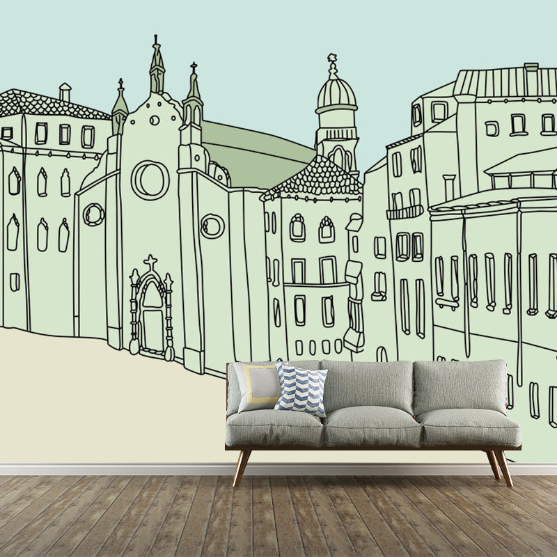 Big Minimalist Wall Mural Decal in Green and Grey European Buildings Wall Decor, Made to Measure Clearhalo 'Wall Decor' 'Wall Mural' 1061328