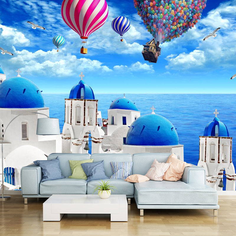 Balloon and Castle Mural Wallpaper Natural Scene Wall Covering, Custom Size Available Blue-White Clearhalo 'Wall Decor' 'Wall Mural' 1061449