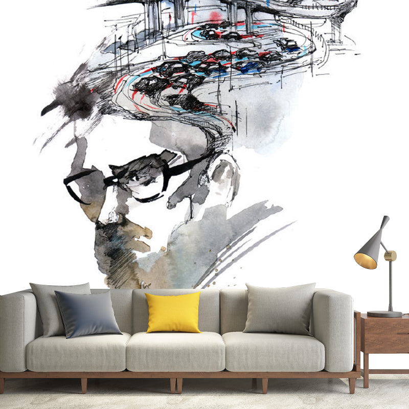 Big Urban Scenery Wall Mural for Bar Decoration Glasses Wall Covering in Black and White, Moisture-Resistant Black-White Clearhalo 'Wall Decor' 'Wall Mural' 1061487