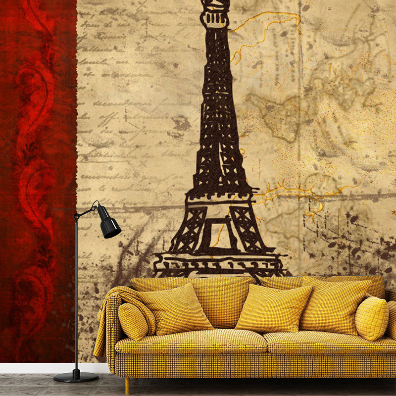 Big Illustration Eiffel Tower Mural for Home Decoration in Red and Brown, Made to Measure Clearhalo 'Wall Decor' 'Wall Mural' 1061528