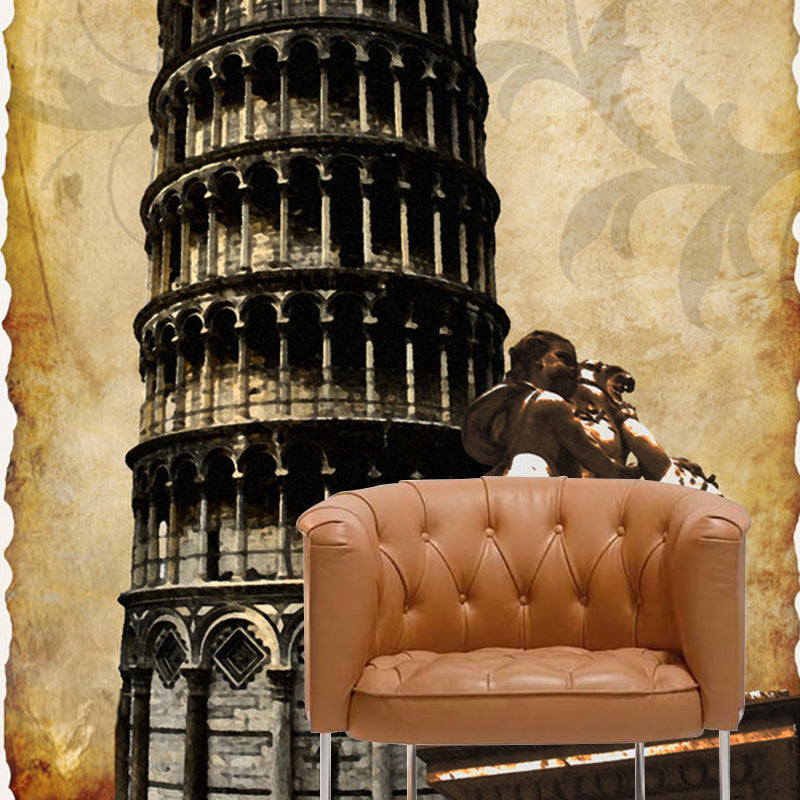 Black and Brown Retro Mural Extra Large Pisa Tower Wall Covering for Coffee Shop Decoration Black-Brown Clearhalo 'Wall Decor' 'Wall Mural' 1061542