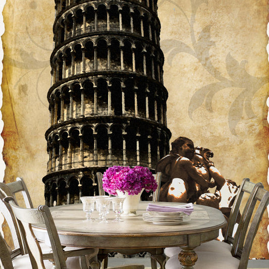 Black and Brown Retro Mural Extra Large Pisa Tower Wall Covering for Coffee Shop Decoration Clearhalo 'Wall Decor' 'Wall Mural' 1061544