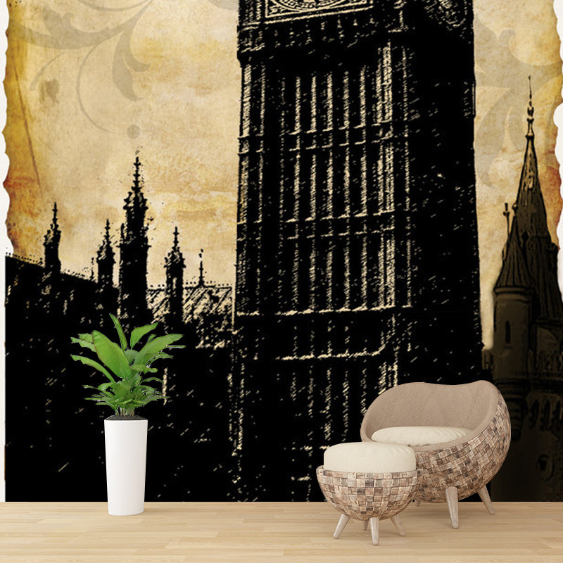 Stain-Resistant London Big Ben Mural Customized Size Wall Art for Home Decoration Black-Brown Clearhalo 'Wall Decor' 'Wall Mural' 1061547