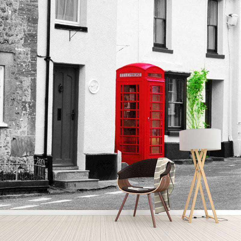 Big Telephone Booth Mural Wallpaper for Living Room Decor England Street Wall Art, Water-Resistant Red-Gray Clearhalo 'Wall Decor' 'Wall Mural' 1061610