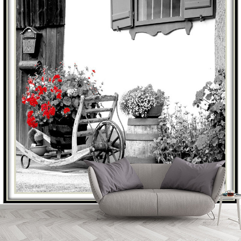 Big Photo Blossoming Street Mural Wallpaper for Dress Shop Decoration in Red and Grey, Made to Measure Clearhalo 'Wall Decor' 'Wall Mural' 1061621