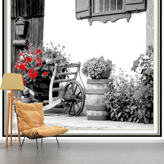 Big Photo Blossoming Street Mural Wallpaper for Dress Shop Decoration in Red and Grey, Made to Measure Clearhalo 'Wall Decor' 'Wall Mural' 1061622