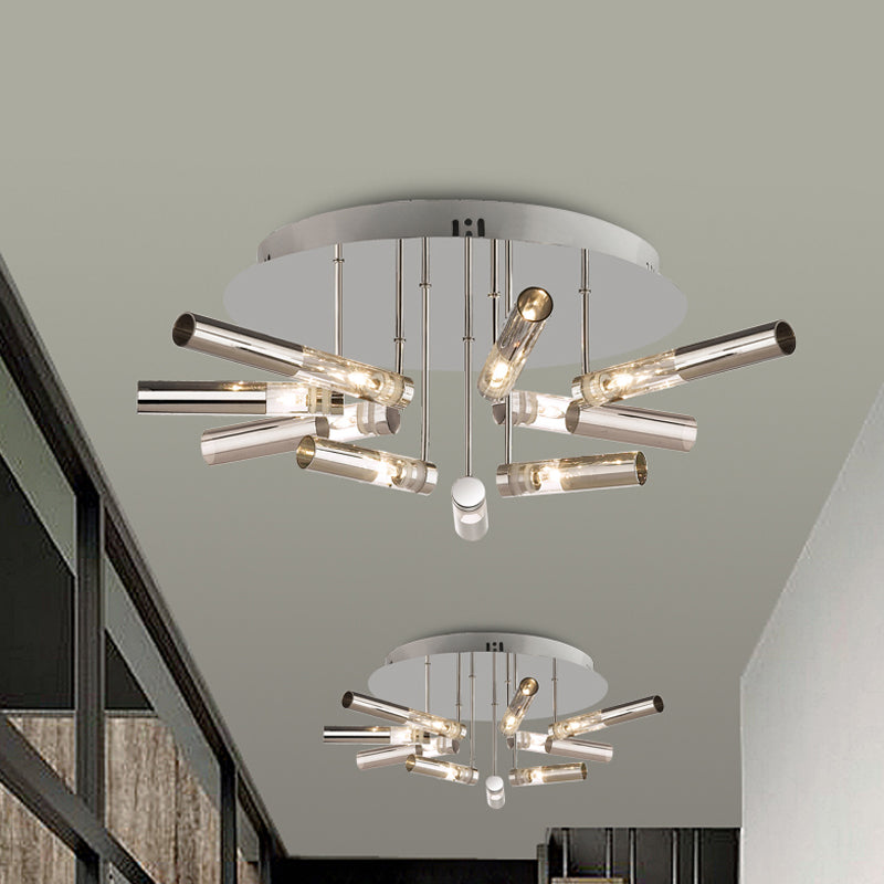 Modern Sputnik Semi Flush Light Stainless Steel 9/21 Lights Dining Room Ceiling Light Fixture with Tube Shade in Silver 9 Silver Clearhalo 'Ceiling Lights' 'Close To Ceiling Lights' 'Close to ceiling' 'Semi-flushmount' Lighting' 106191