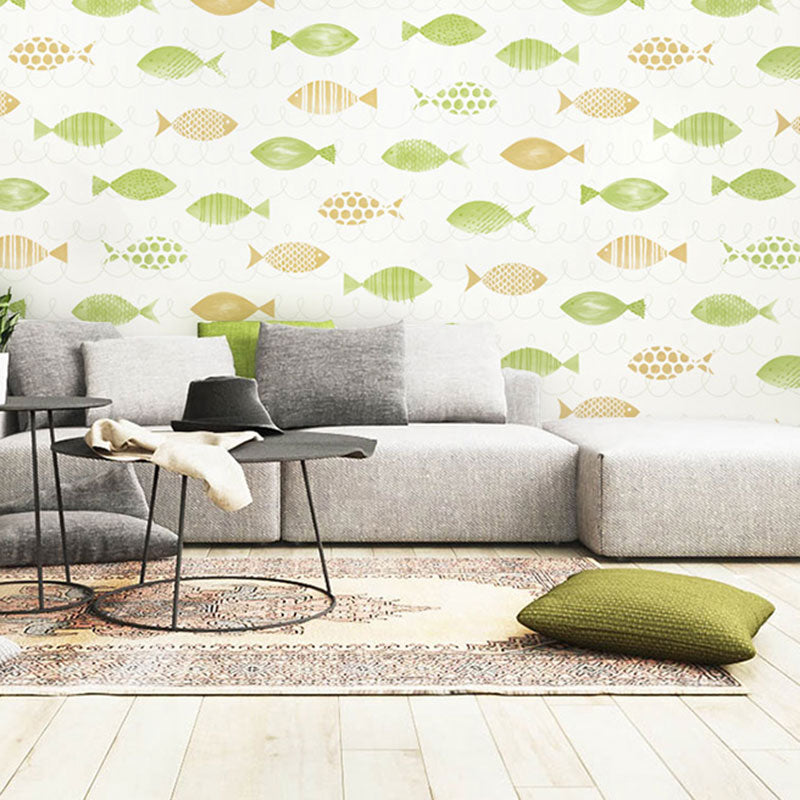 57.1 sq ft. Nordic Wallpaper Roll for Children Bedroom with Cartoon Fish Design in Natural Color Yellow-Green Clearhalo 'Wall Decor' 'Wallpaper' 1062094