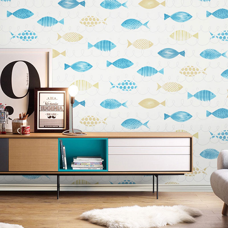 57.1 sq ft. Nordic Wallpaper Roll for Children Bedroom with Cartoon Fish Design in Natural Color Blue-Yellow Clearhalo 'Wall Decor' 'Wallpaper' 1062102