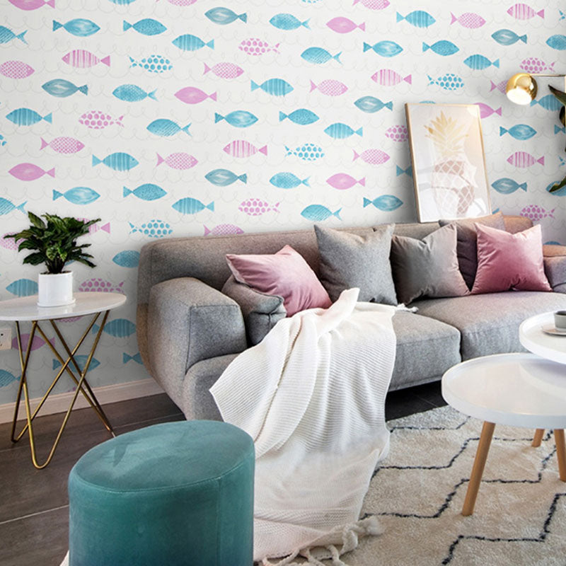 57.1 sq ft. Nordic Wallpaper Roll for Children Bedroom with Cartoon Fish Design in Natural Color Purplish Blue Clearhalo 'Wall Decor' 'Wallpaper' 1062106