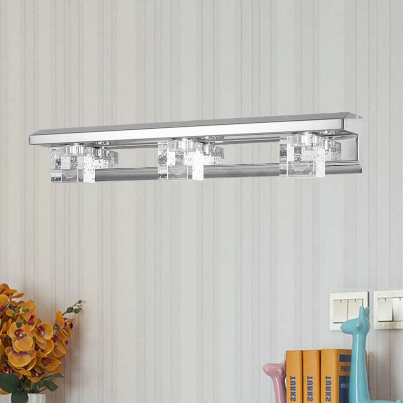 Chrome Finish Linear Vanity Sconce Modern Crystal Cube 2/3 Heads Bath LED Wall Mount Lighting in Warm/White Light 3.0 Chrome Clearhalo 'Modern wall lights' 'Modern' 'Vanity Lights' 'Wall Lights' Lighting' 1062135