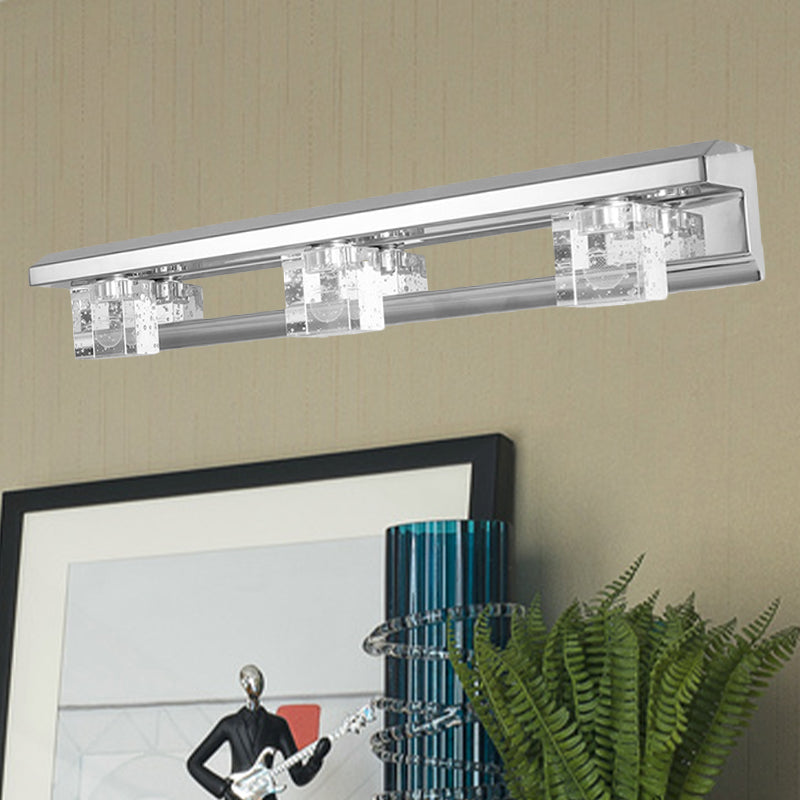 Chrome Finish Linear Vanity Sconce Modern Crystal Cube 2/3 Heads Bath LED Wall Mount Lighting in Warm/White Light Clearhalo 'Modern wall lights' 'Modern' 'Vanity Lights' 'Wall Lights' Lighting' 1062136