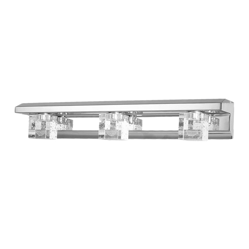 Chrome Finish Linear Vanity Sconce Modern Crystal Cube 2/3 Heads Bath LED Wall Mount Lighting in Warm/White Light Clearhalo 'Modern wall lights' 'Modern' 'Vanity Lights' 'Wall Lights' Lighting' 1062137