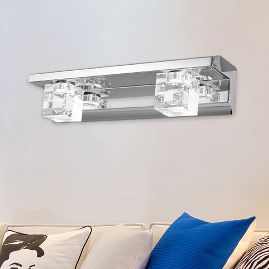 Chrome Finish Linear Vanity Sconce Modern Crystal Cube 2/3 Heads Bath LED Wall Mount Lighting in Warm/White Light Clearhalo 'Modern wall lights' 'Modern' 'Vanity Lights' 'Wall Lights' Lighting' 1062141