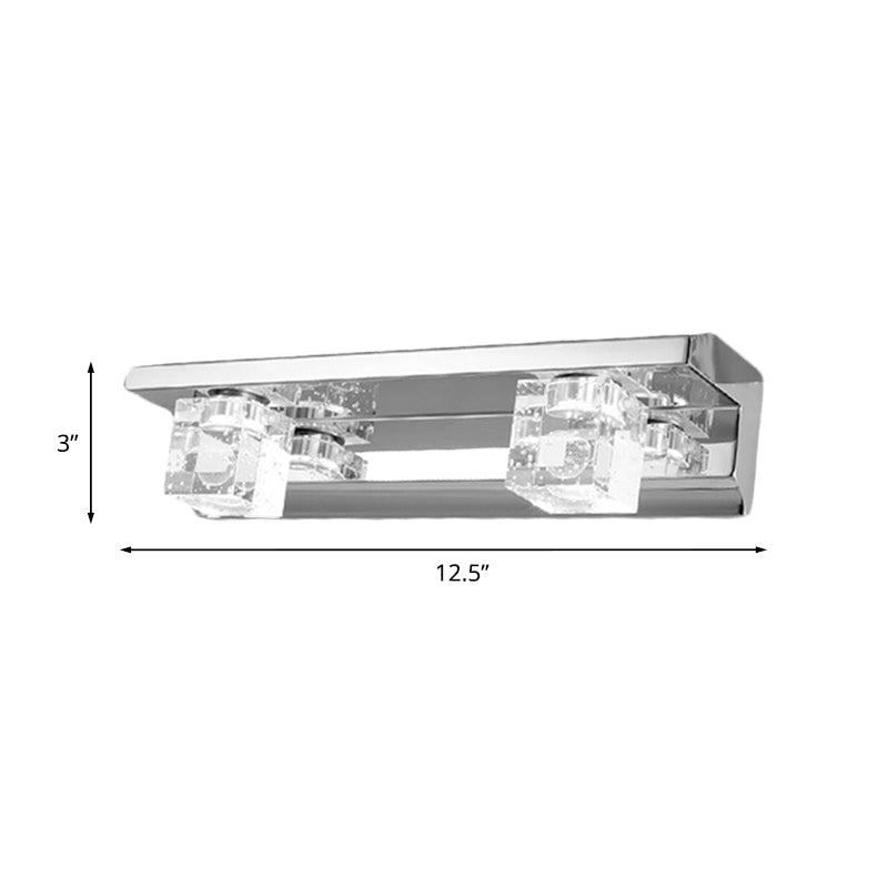 Chrome Finish Linear Vanity Sconce Modern Crystal Cube 2/3 Heads Bath LED Wall Mount Lighting in Warm/White Light Clearhalo 'Modern wall lights' 'Modern' 'Vanity Lights' 'Wall Lights' Lighting' 1062143