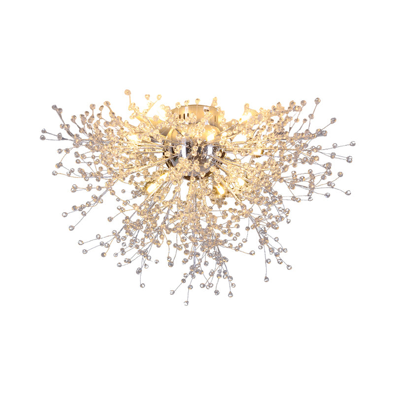 Silver Finish Firework Semi Mount Lighting Modern 22"/23.5" W 8/12/16 Lights Metal Ceiling Mount Light with Crystal Bead Clearhalo 'Ceiling Lights' 'Close To Ceiling Lights' 'Close to ceiling' 'Flush mount' Lighting' 106224