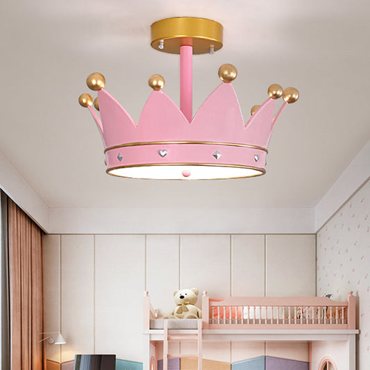 Pink Finish Crown Shaped Semi Flush Light Cartoon LED Metallic Flush Mounted Lamp Fixture Pink Clearhalo 'Ceiling Lights' 'Close To Ceiling Lights' 'Close to ceiling' 'Semi-flushmount' Lighting' 1062353