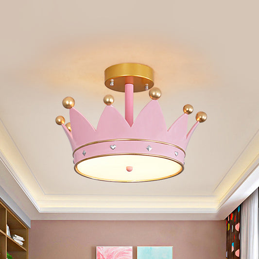 Pink Finish Crown Shaped Semi Flush Light Cartoon LED Metallic Flush Mounted Lamp Fixture Clearhalo 'Ceiling Lights' 'Close To Ceiling Lights' 'Close to ceiling' 'Semi-flushmount' Lighting' 1062354