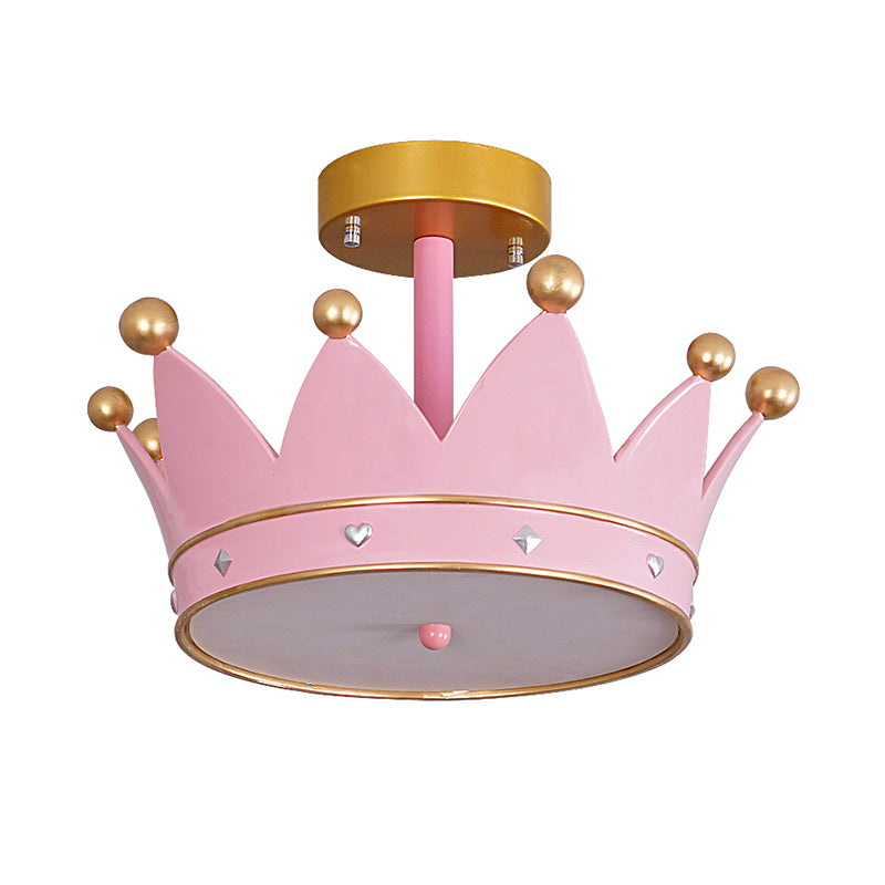 Pink Finish Crown Shaped Semi Flush Light Cartoon LED Metallic Flush Mounted Lamp Fixture Clearhalo 'Ceiling Lights' 'Close To Ceiling Lights' 'Close to ceiling' 'Semi-flushmount' Lighting' 1062355