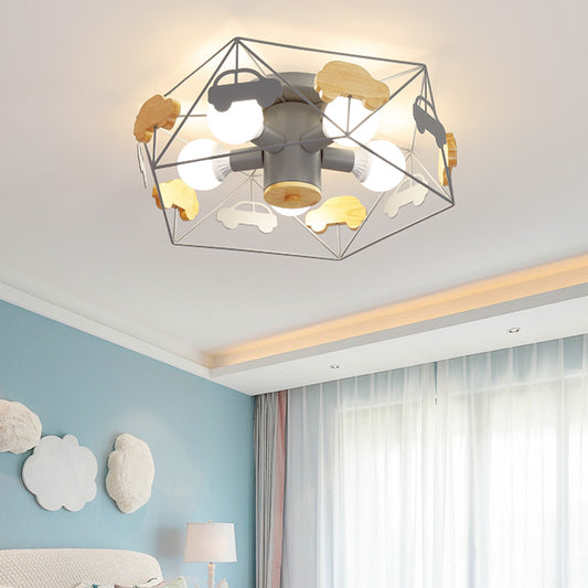 Pentagon Frame Semi Mount Lighting Macaron Metal 5 Bulbs Grey/Green/Pink Finish Close to Ceiling Lamp with Wooden Car Deco Clearhalo 'Ceiling Lights' 'Close To Ceiling Lights' 'Close to ceiling' 'Semi-flushmount' Lighting' 1062487