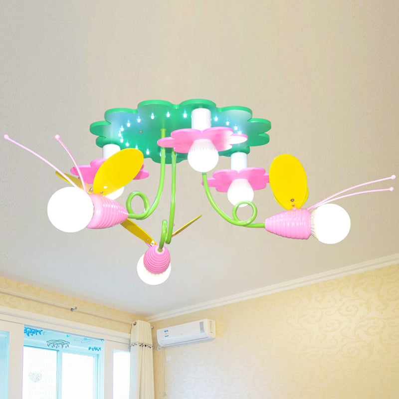 Bee-Like Wood Semi Flush Light Fixture Cartoon 6 Heads Green and Pink Flush Ceiling Lamp Clearhalo 'Ceiling Lights' 'Close To Ceiling Lights' 'Close to ceiling' 'Semi-flushmount' Lighting' 1062491